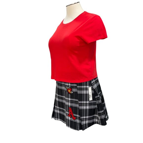 Red Crop Tee & Plaid Pleated Skirt Set XL – Preppy Y2K Grunge Style with Patches - Picture 8 of 16